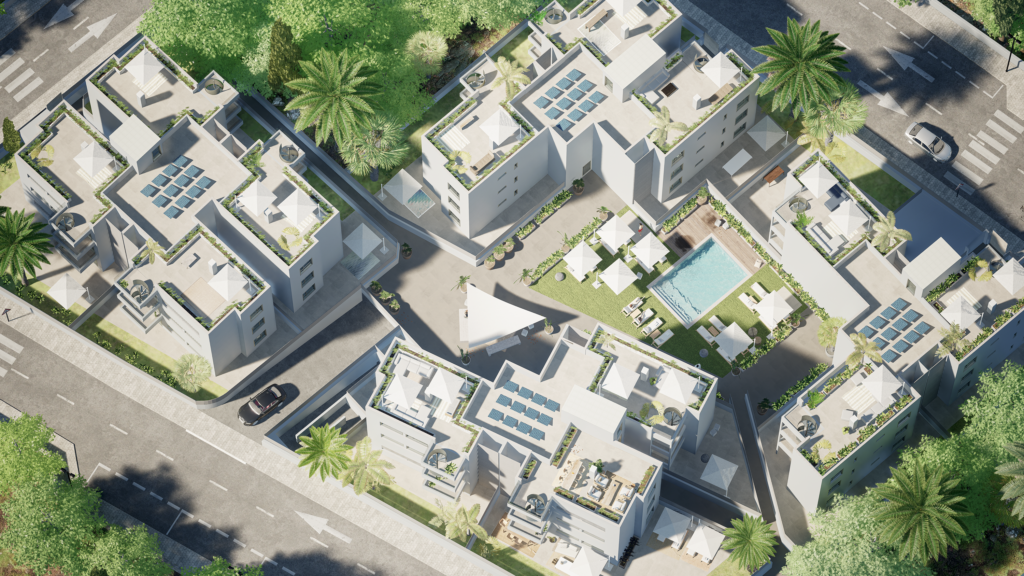 Vista aérea de la promoción de viviendas Silene Residence en Ibiza